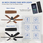 55in Black Flush Mount Ceiling Fan - RGB Low Profile Ceiling Fan Light with Remote-APP, Dimmable and 3CCT, Modern Fan with RGB Light for Indoor and Covered Outdoor