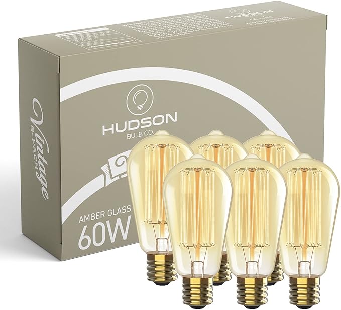 Vintage Edison Incandescent 60W Light Bulbs (6 Pack) - E26/E27 Base, 2100K Dimmable Decorative ST64 Antique Squirrel Filament Amber Warm Bulb for Indoor & Outdoor