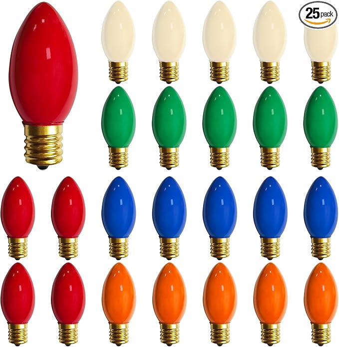 25 Pack C9 Multicolor Christmas Light Bulbs, C9 Incandescent Replacement Bulbs for Christmas String Light, Candle Lamps, E17 Intermediate Base, 7Watt