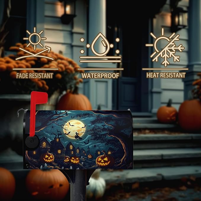 Halloween Pumpkin Castle Mailbox Covers Magnetic Lareg Size 25.5x21 Inch Spooky Witch Mailbox Cover Oversized Moon Night Letter Post Box Wraps for Garden Yard Outdoor Decor