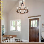 Farmhouse Wooden Wagon Wheel Chandelier 8 Lights 23.6'' Rustic Black Metal Light Fixtures Vintage Wood Round Chandelier for Living Dining Room Kitchen Entryway Foyer