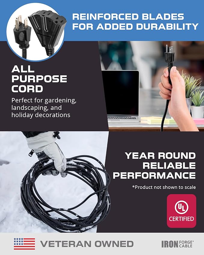 Iron Forge Cable 25 Ft Black Extension Cord with 3 Outlets - 16/3 SJTW 25 Foot Extension Cord 3 Prong, Weatherproof Exterior Power Cable for Outdoor