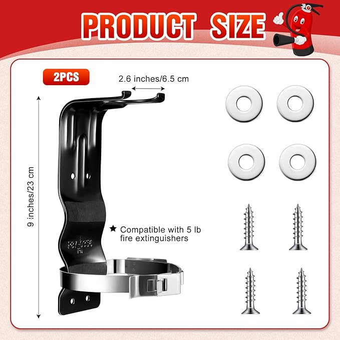 Therwen 2 Pack Fire Extinguisher Bracket 5 lb Wall Mount Stainless Steel Fire Extinguisher Holder for Home Truck Vehicle, Black