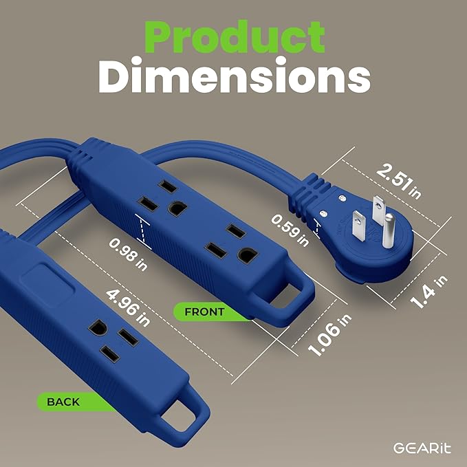 GEARit 360 Rotating Flat Plug Extension Cord with 3 Outlets (15ft, Navy) 16AWG/13A 3 Prong Wire, Outlet Saver for Home Office Dorm Room Essentials, ETL Certified