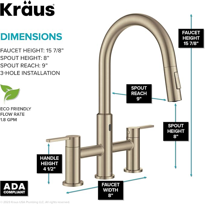 KRAUS Oletto Touchless Sensor Bridge Kitchen Faucet with Pull-Down Sprayhead in Spot-Free Antique Champagne Bronze, KSF-3122SFACB