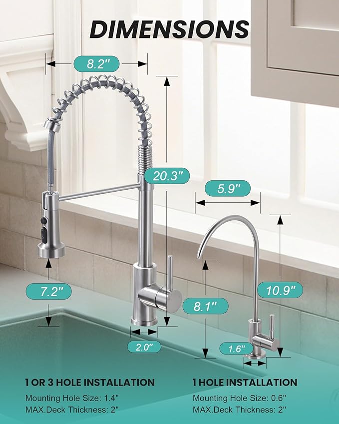 Kitchen Faucet and Water Filter Faucet: Stainless Steel Kitchen Sink Faucet with Drinking Water Faucet - Brushed Nickel Single Handle Tap with Pull Down Sprayer for Kitchen Sink Farmhouse Bar