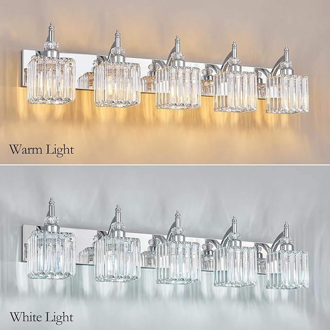 Crystal Vanity Lights Chrome 5 Light Bathroom Light Fixtures Over Mirror Modern Vanity Light for Bathroom