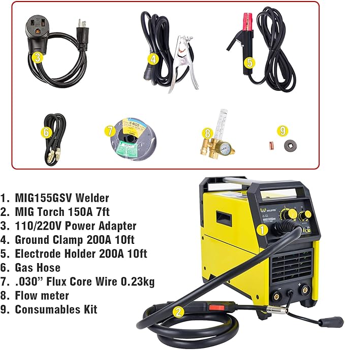 Weldpro MIG155GSV 155 Amp Inverter Flux Cored MIG/MIG/Stick/MMA Arc Welder with Dual Voltage 110/220V Welding Machine