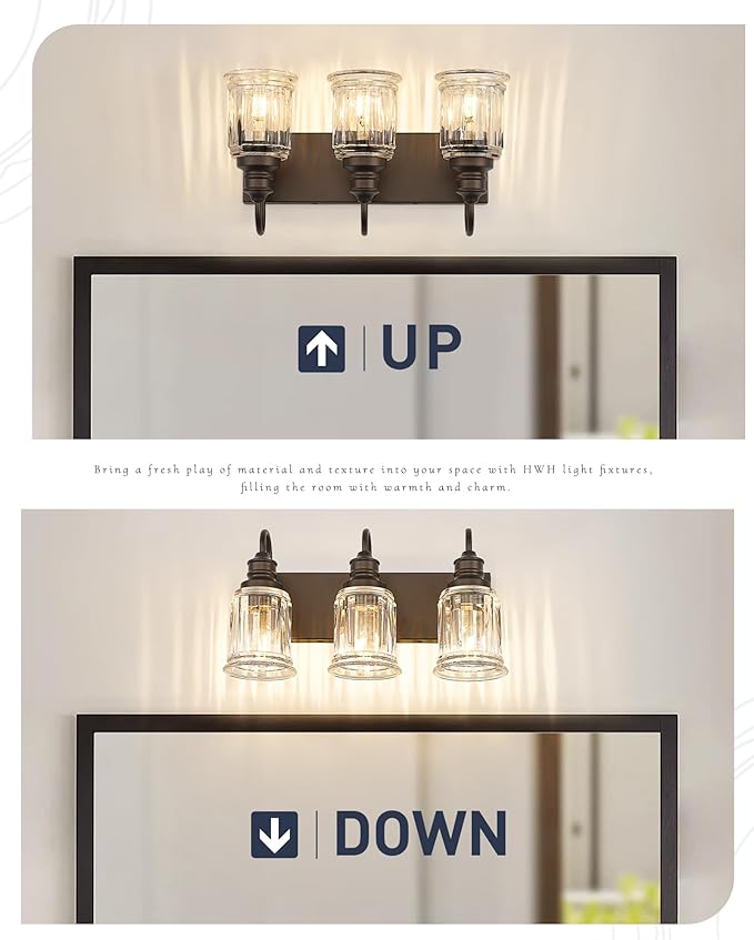 3 Light Bathroom Vanity Light - HWH Bathroom Lights Over Mirror Farmhouse Vanity Sconce Wall Lighting with Bell-Shaped Clear Glass, Oil-Rubbed Bronze Finish, 5HZG106B-3W ORB