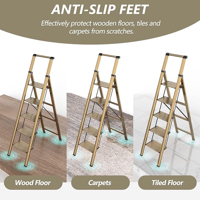 5 Step Ladder, Folding Step Stool, Lightweight Aluminum Foldable Ladder for 10 Foot High Ceiling with Anti-Slip Wide Sturdy Pedal and Handgrip, Multi-Use for Home (300 lbs Capacity) - Champagne Gold
