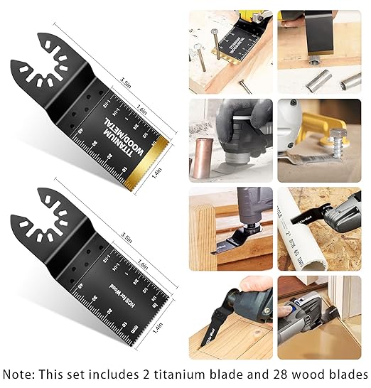 30PCS Oscillating Tool Blades, Professional Universal Titanium Oscillating Saw Blades Multitool Blades Kits for Wood Plastics Metal, Dewalt Ryobi Fein Milwaukee（2 titanium blade 28 wood blades）