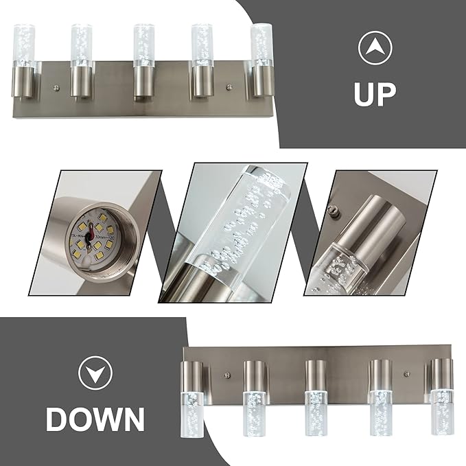 5-Light Bathroom Light Fixtures, Modern Led Vanity Lights 40W 6000K (Non-dimmable) Brushed Nickel Vanity Lights Bathroom Fixture. for Bathroom, Bedroom, Living Room…