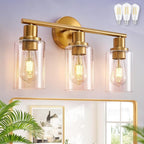 DLLT 3-Light Bathroom Light Fixtures: Gold Modern Vanity Wall Lights with E26 Bulbs - Clear Glass Shade Bathroom Wall Lamp for Mirror Kitchen Living Room Hallway Cabinet Porch