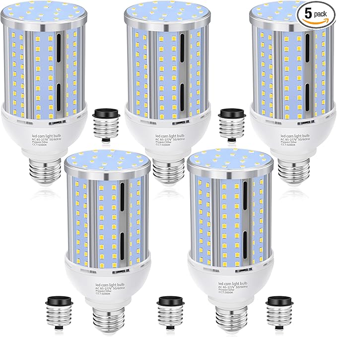 50W LED Corn Light Bulb(5 Pack),(490 Watt Equivalent) Fanless E26/E39 Medium/Large Mogul Base LED Cob Lamp 5000K Daylight 6,200LM for Outdoor Indoor Garage Warehouse Factory Workshop Street Backyard