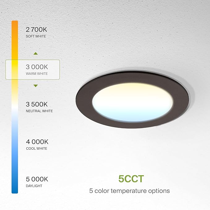 ASD 6 Pack LED Recessed Lighting 4 Inch 9W, 5 CCT 2700K-5000K CRI90+, IC Rated Ultra Thin Dimmable Ceiling Lights with J Box, Canless Wafer Downlight, Round Slim Panel Light, Energy Star ETL, Bronze
