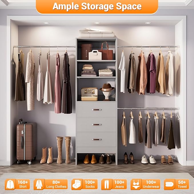 Homieasy 96 Inches Closet Organizer System, 8FT Customizable Walk In Closet Organizer with Hanging Rods, 3 Drawers Garment Rack with Leather Handle , 96" L x 16" W x 75" H, Max Load 1000 LBS, Grey
