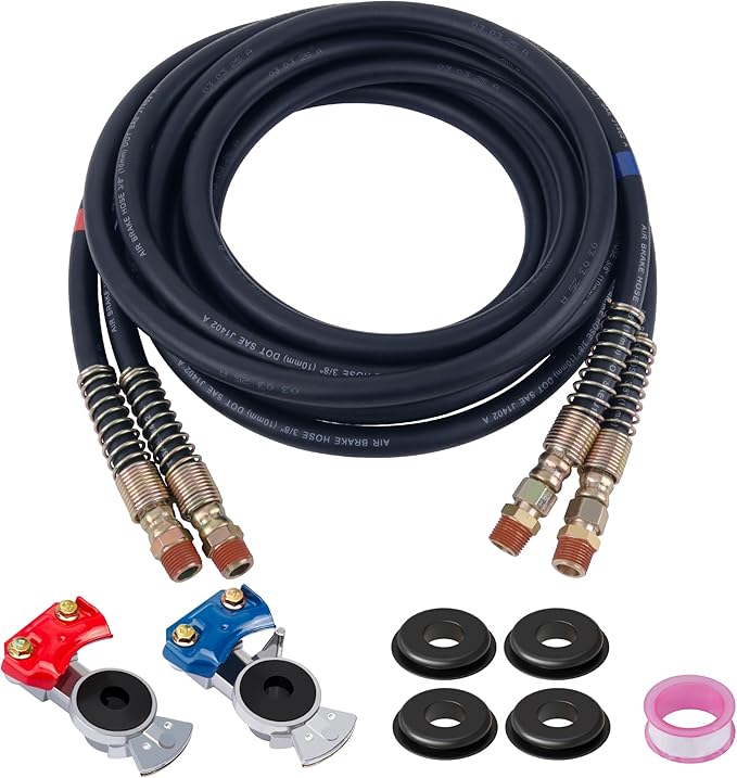 12 FT Air Line Hose Assembly with 1/2" NPT Swivel Fitting Straight Heavy Duty Power Hoses Set Spring Guard Grips DOT Fittings on Both Ends with Glad Hands Set for Semi Truck Trailer Tractor