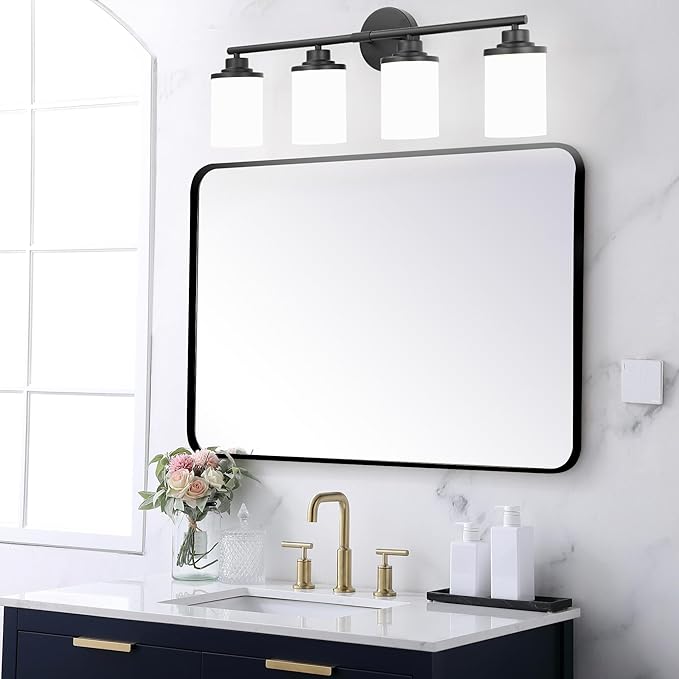 Modern Bathroom Vanity Light Fixture, 4-Light Sconces with Frosted Glass, Matte Black