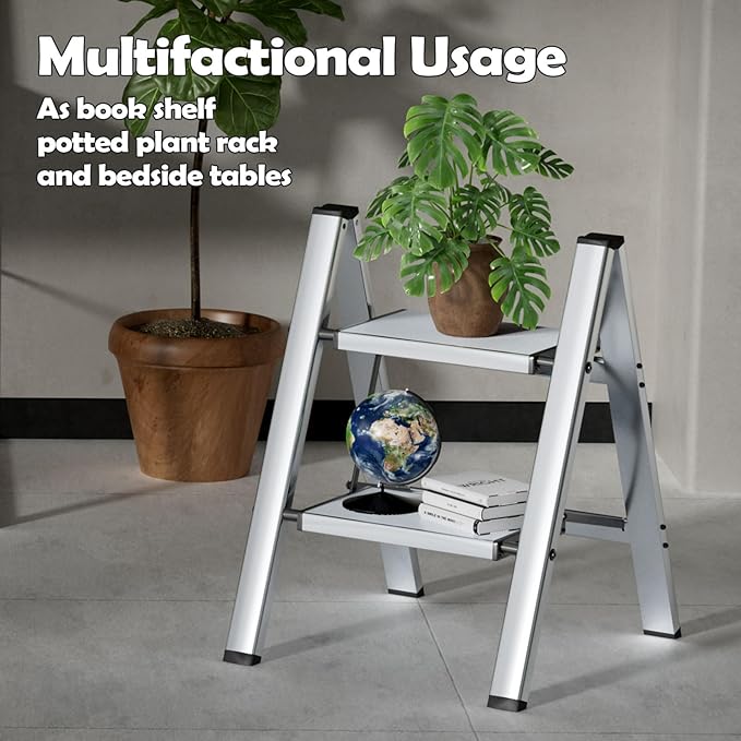 Taranta 2 Step Ladder,Aluminum Lightweight Folding 2 Step Stool with Anti-Slip Wide Pedal,330lbs Capacity Step Ladder for Household,Kitchen,Office - Silver