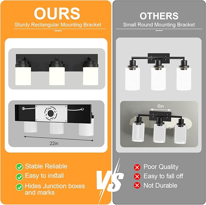 IZORRO Bathroom Vanity Light Fixture, 3-Light 22 Inch Matte Black Bathroom Light Fixtures Over Mirror, with White Glass Shade, Modern Farmhouse Vanity Lights, Rustic Restroom Lighting Fixtures