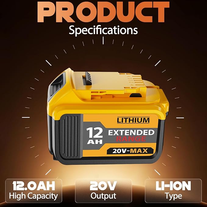 4-Pack 12000mAh Replacement for Dewalt 20V Max Battery, Lithium-Ion Long Lasting Power Compatible with Dewalt DCB203 DCB204 DCB205 DCB206 DCB207 DCD/DCF/DCG Series Cordless Tools