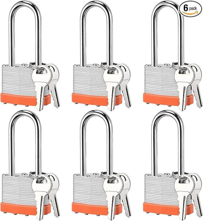 6pcs Solid Keyed Alike Padlock with 12 Same Keys - Resist Cutting, Gym Locker Lock with Key, Storage Pad Lock for Locker Gym Gate Outdoor Indoor Use (Long Shackle)