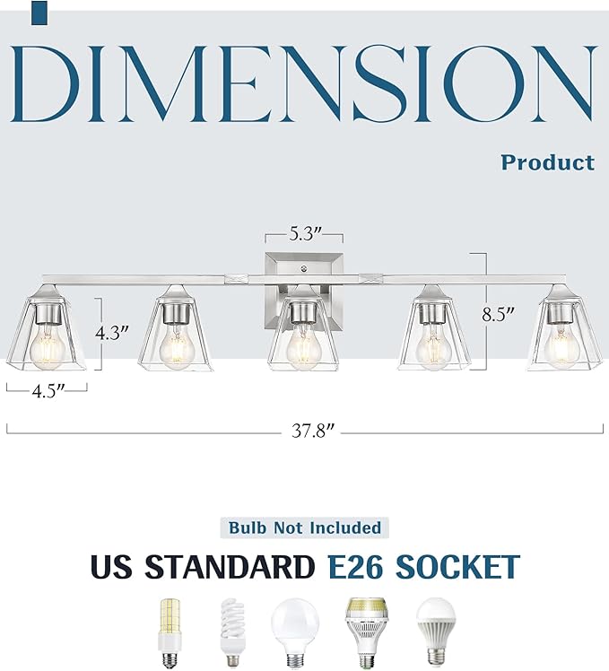 Bathroom Vanity Light 5-Light, HWH Bathroom Lighting Fixtures Over Mirror Brushed Nickel, Modern Vanity Wall Lamp with Square Bell Glass Shade, 5HY68B-5W BN