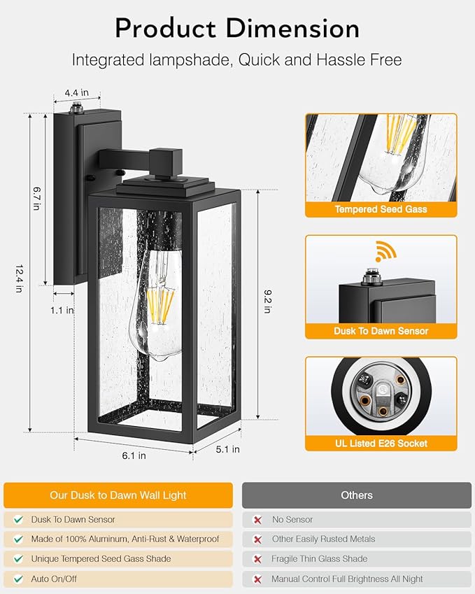 VIANIS Dusk to Dawn Outdoor Porch Lights Wall Mount, Modern Black Exterior Sconce Light for House, Waterproof Carriage Lamp, Anti-Rust Aluminium Wall Lantern with Tempered Seed Glass Shade for Garage