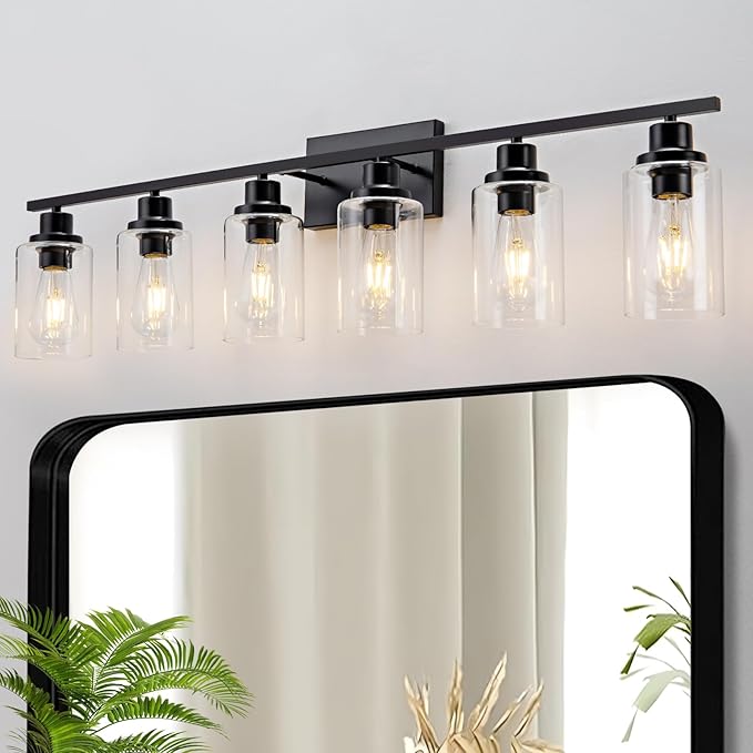 6 Light Bathroom Light Fixtures Black Vanity Light Over Mirror Modern Farmhouse Wall Lighting Sconces Wall Lamp for Bathroom, Bedroom, Living Room E26 Socket with Glass Shade