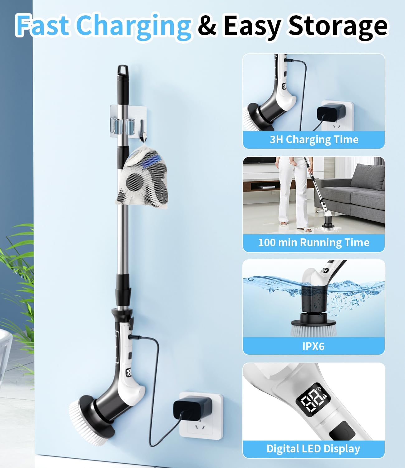 Electric Spin Scrubber with 3 Speed, Adjustable Extension Handle, 8 Brush Heads,Cordless Power Cleaning Brush for Bathroom, Tile, Kitchen-Black