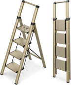 WOA WOA 4 Step Ladder for 10 Feet High Ceiling, Lightweight Foldable Ladder with Non-Slip Wide Pedals, Step Stool with Safe Handrail, Space Saving for Home, Kitchen, Indoor & Outdoor 300lbs - Gold