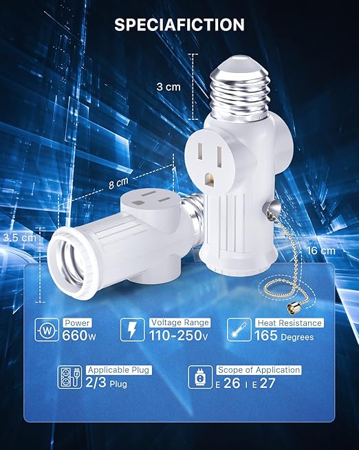 Light Socket to Plug Adapter, 2-Pack Pull Chain 2/3 Prong Light Socket Adapter E26/E27 Light Bulb Outlet Socket Polarized Plug Converter for Garages, Living Rooms, hallways, and More