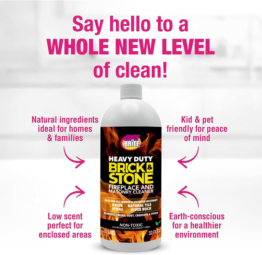 Quick'n Brite Fireplace Brick and Stone Cleaner 32oz with Scrub Brush - Natural Stone, Tile, and Marble Cleaner - Indoor Fireplace and Wood Stove Cleaning Kit - Pellet Stove Creosote Remover