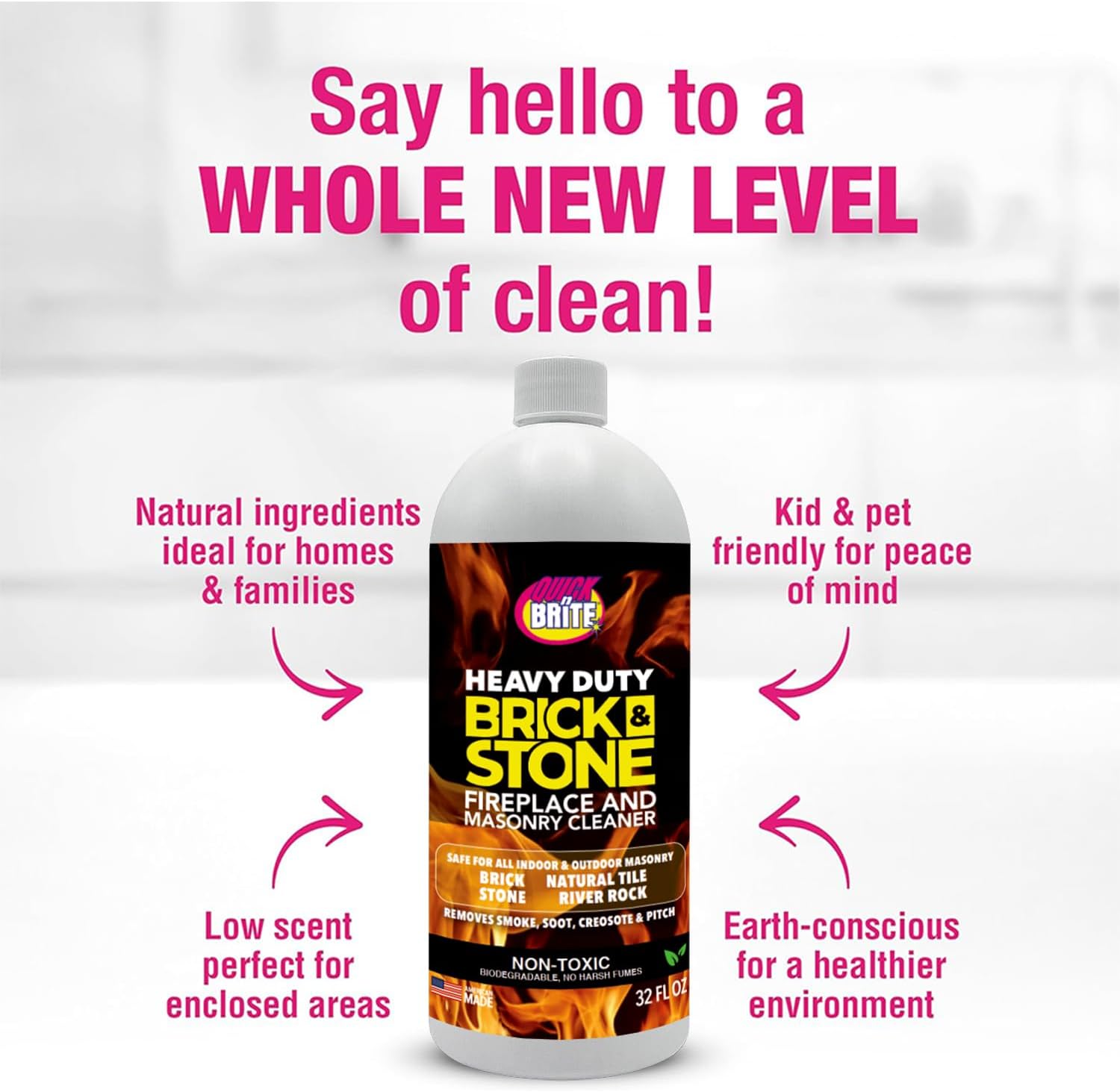 Quick'n Brite Fireplace Brick and Stone Cleaner 32oz with Scrub Brush - Natural Stone, Tile, and Marble Cleaner - Indoor Fireplace and Wood Stove Cleaning Kit - Pellet Stove Creosote Remover