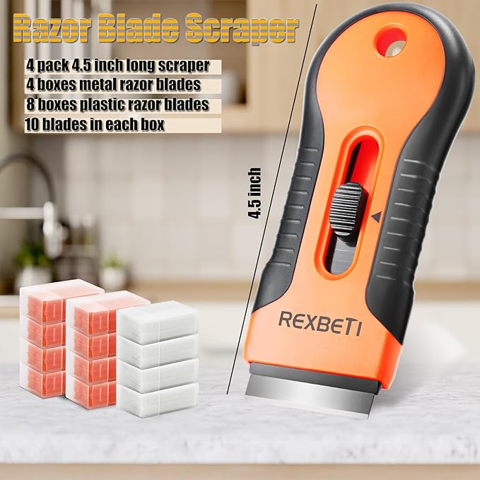 REXBETI Razor Blade Scraper Tool, 4 Pack Razor Scraper Set with Extra 120Pcs Razor Blades- 40Pcs Metal and 80Pcs Plastic Blades, Cleaning Scraper Tool, Cooktop Scraper, Paint Scraper, Glass Scraper