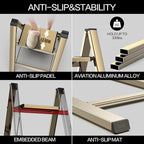 GameGem 3 Step Ladder, Aluminum Folding Step Stool with Anti-Slip Sturdy and Wide Pedal, Lightweight Portable Stepladder for Home and Kitchen Use Space Saving, Gold, 330 lbs