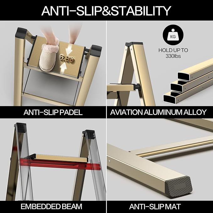 GameGem 3 Step Ladder, Aluminum Folding Step Stool with Anti-Slip Sturdy and Wide Pedal, Lightweight Portable Stepladder for Home and Kitchen Use Space Saving, Gold, 330 lbs