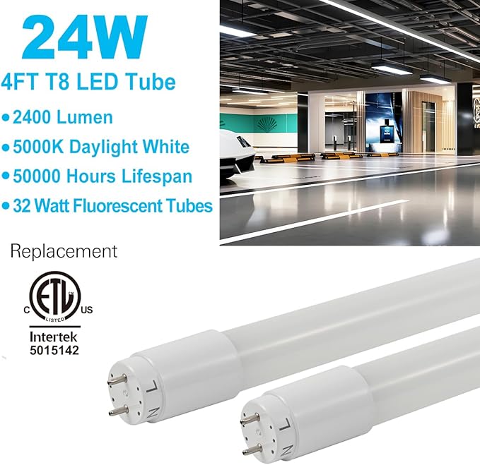 20 Pack 4FT LED T8 Type A+B Tube Lights, 24W, 5000K, Single or Double End Powered, Plug and Play or Ballast Bypass, 4 Foot T10 T12 Fluorescent Bulbs Replacement, Milky Cover