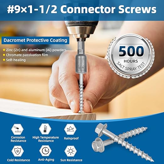 Upgrade SD Connector Screws, #9 x 1-1/2" Heavy-Duty Joist Hanger Screws, 500-Hour Salt Spray Rust Prevention Grade, 1/4" Hex Head with 0.370"-Dia, Replace 10D Nails and Simpson SD9112R100, 300-QTY
