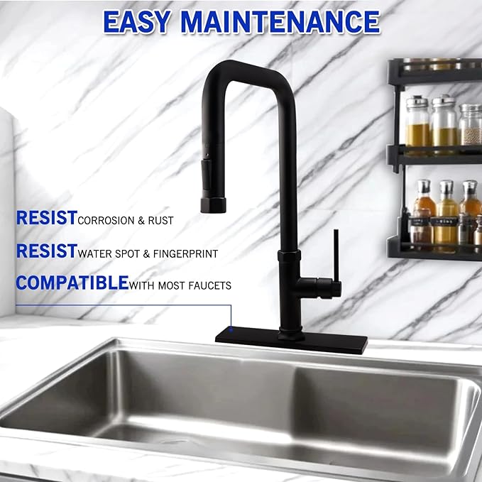 Faucet Deck Plate, Sink Hole Cover,Stainless Steel Long Rectangle 10 Inch Plate Escutcheon for 1 or 3 Hole Bathroom or Kitchen Sink Matte Black