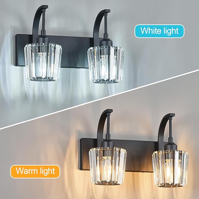 Modern Bathroom Vanity Light, 2-Light Black Wall Sconce with Crystal Accents, Over Mirror Bathroom Lighting Fixture, 13.77" Long Dimmable Vanity Lamp for Makeup, Easy Installation