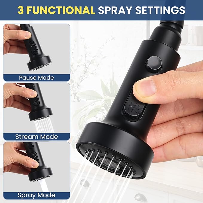 Wall Mount Kitchen Sink Faucet, 8 Inch Center Wall Mount Kitchen Faucets with 3-Function Pull Down Sprayer, Dual Handles Commercial Faucet for Kitchen Laundry Restaurant (Black)