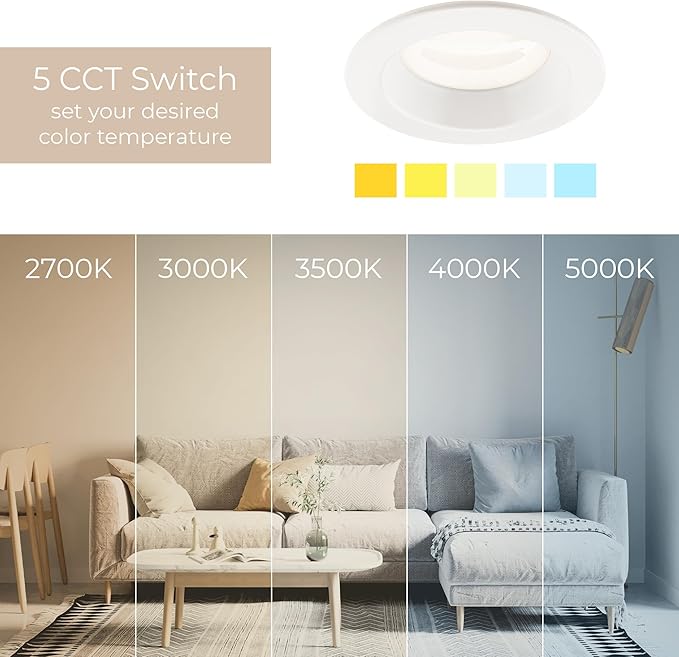 Builder Essential 3in 550 Lumens Round LED Recessed Light and Housing for Remodel or New Construction with Regressed Trim 3-Power Modes 4W-6W-8W, 5-CCT 2700-3000-3500-4000-5000K in White (Pack of 6)