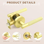 1 Pack Gold Passage Door Handle, Brass Interior Door Knob for Closet and Hallway, Knurled Reversible Non-Locking Door Lever