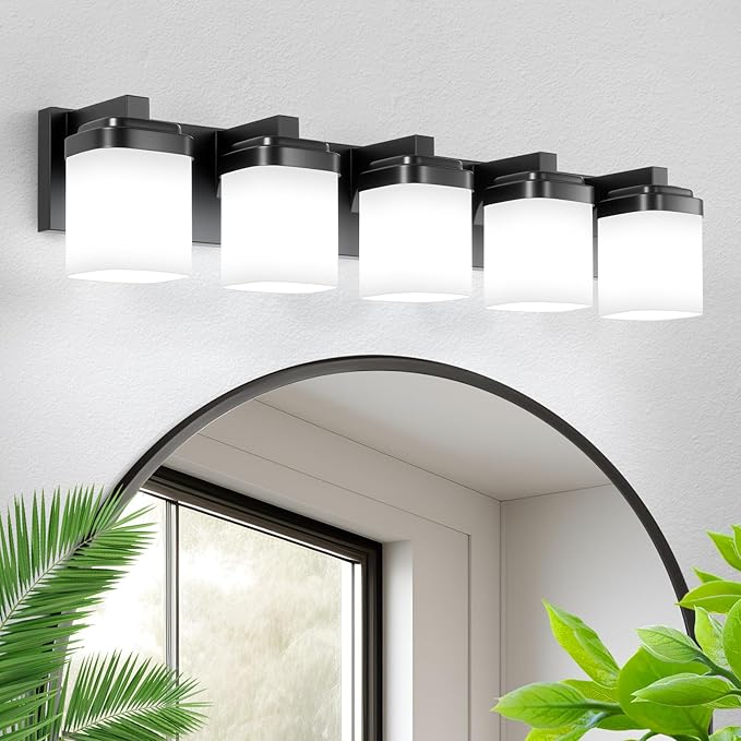 5-Light Black Bathroom Light Fixtures, E26 Base Vanity Lights for Bathroom Mirror Lamp with Milky White Square Glass Shade, Modern Wall Sconce Light Kitchen Light Fixtures Led Vanity