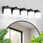 5-Light Black Bathroom Light Fixtures, E26 Base Vanity Lights for Bathroom Mirror Lamp with Milky White Square Glass Shade, Modern Wall Sconce Light Kitchen Light Fixtures Led Vanity