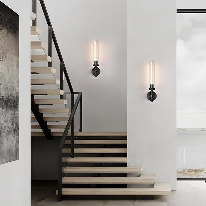 Modern Black Hardwired Wall Sconces, 21'' Knurled Bathroom Wall Sconce, Indoor Wall Sconce,Copper and Glass Vanity Light, for Living,Bedroom, Hallway, Staircases, Include Bulbs