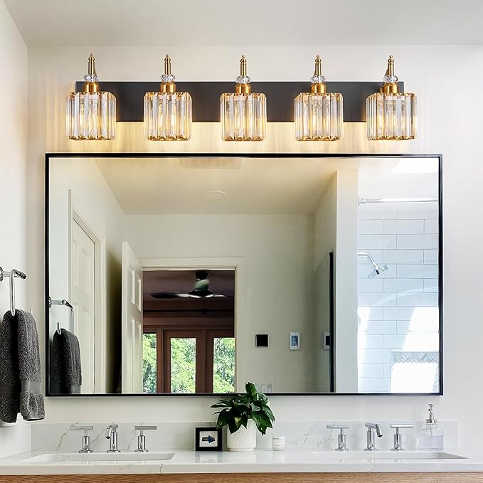 Modern Crystal Vanity Lights Black Gold 5 Light Bathroom Vanity Light Fixtures Over Mirror