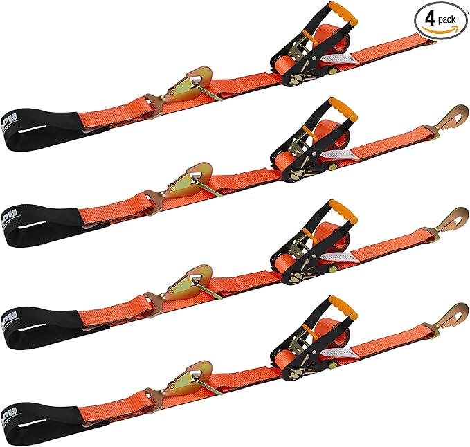 Heavy Duty 4 Pack Axle Tie Down Straps for Trailers-2" x 114" Car Hauler Straps with Snap Hooks-10,000 lbs Break Strength, 3300 lbs Capacity - DOT Certified Wheel Ratchet Tie Downs (Orange)