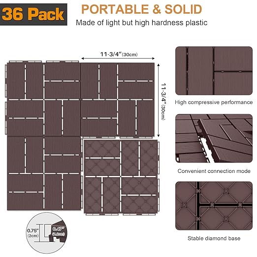 Goovilla Plastic Interlocking Deck Tiles, 36 Pack Outdoor Patio Flooring, 12"x12" Interlocking Decking Tile Outdoor All Weather Use, Waterproof Patio Pavers for Pool Balcony Backyard Porch, Dark Brown
